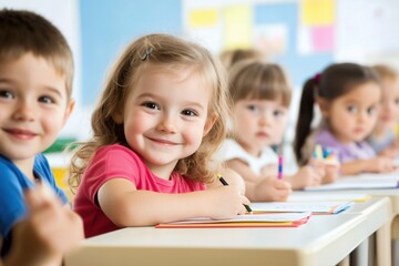 Fototapeta premium Group of toddlers in a kindergarten sitting at a desk and drawing