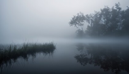As dawn breaks, a blanket of mist enshrouds the calm lake, creating a mystical atmosphere where shadows of trees dance on the water's surface in silence