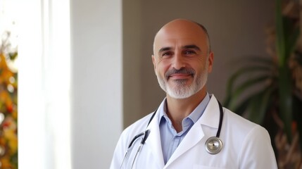 Confident middle-aged doctor with stethoscope smiling in sunlit office