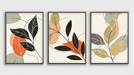 Three Poster Frame with Modern Abstract Geometric Shapes, Floral Artwork Wall decoration Background