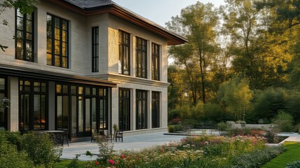 Fototapeta premium Elegant two-story photorealistic building with natural stone exterior in a serene forest setting