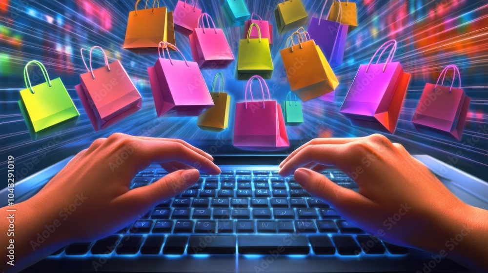 Poster hands typing on keyboard with shopping bags floating