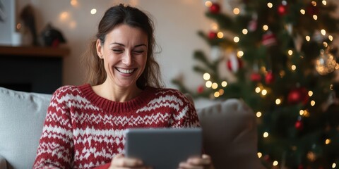 Happy woman using tablet at home during Christmas season.