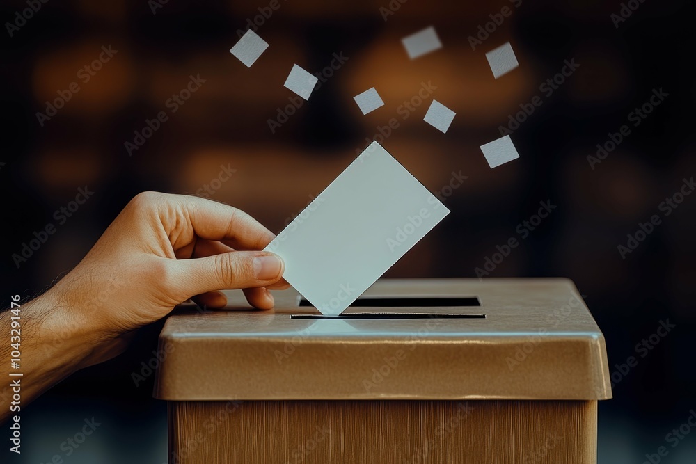 Poster a close-up of a hand gently placing a voting card into a ballot box with the background softly blurr
