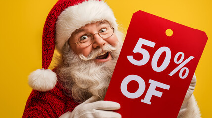 Santa Claus Peeking Behind 50% OFF Discount Tag - Transparent Background for Black Friday or Holiday Sale Promotions