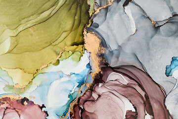 Swirls of color and veins of metallic gold form a flowing, abstract design, sense of movement and transformation. Fluid art, organic shapes and liquid ink textures, create of luxury and natural beauty