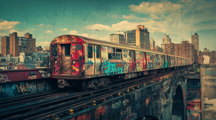Obraz premium old metro with graffiti going through a city