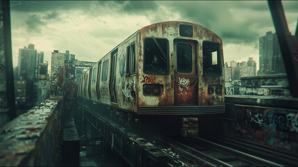 Obraz premium old metro with graffiti going through a city