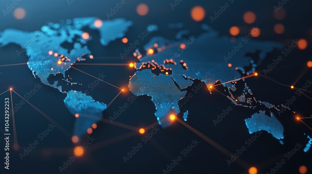 Poster a digital map displaying a stylized view of the world, interconnected by glowing lines, illustrating