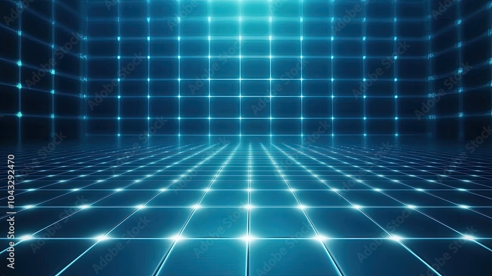 Poster a vibrant blue grid space with luminous points, creating an immersive digital environment ideal for 