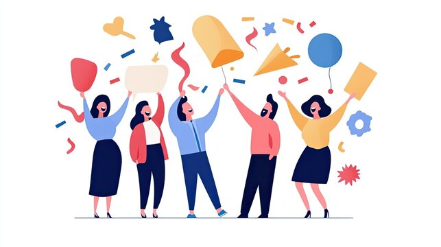 A vibrant illustration of people celebrating together with balloons, confetti, and festive decorations, showcasing joy and togetherness.