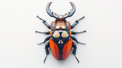 Fototapeta premium A vibrant photograph of a majestic horned beetle with its impressive horns displayed prominently, captured in sharp focus against a clean white backdrop, showcasing its glossy texture.