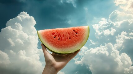 Person's hand holding a watermelon slice up to the sky, with fluffy clouds and blue sky framing the juicy fruit. --chaos