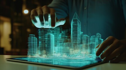 A holographic image of urban development emerging from a tablet, representing innovative city planning and futuristic architecture in a digital environment, showcasing smart technologies, connectivity