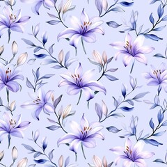 Fototapeta premium A delicate floral pattern featuring soft lavender lilies and green leaves on a light blue background, evoking a serene and elegant atmosphere.