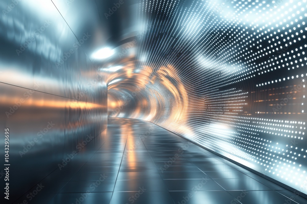 Poster modern illuminated tunnel with reflective surfaces and dynamic light patterns in an urban setting