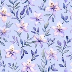 A delicate floral pattern featuring soft purple lilies and green leaves against a light blue background.