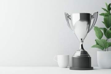 A silver trophy on a table beside a cup and a potted plant, symbolizing achievement.