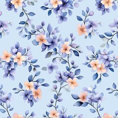 Obraz premium A vibrant floral pattern featuring blue and peach flowers on a soft blue background, perfect for textiles and decor.