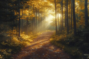 Obraz premium forest hiking trail, sunlight filtering through towering trees on a golden forest trail, blanketed with crisp foliage on a misty morning