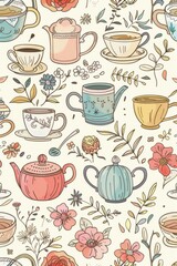 Obraz premium Floral Tea Party Wallpaper Design with Pastel Teacups and Pots