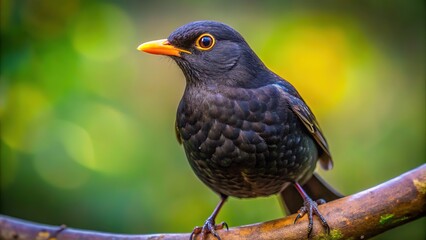 A lone blackbird, feathers dark, gazes left, leaving space for your message.