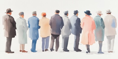 Fototapeta premium Silhouetted figures of people standing in line, facing away, isolated background.