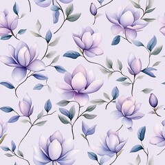 Obraz premium A delicate floral pattern featuring light purple flowers and soft green leaves set against a pale background.