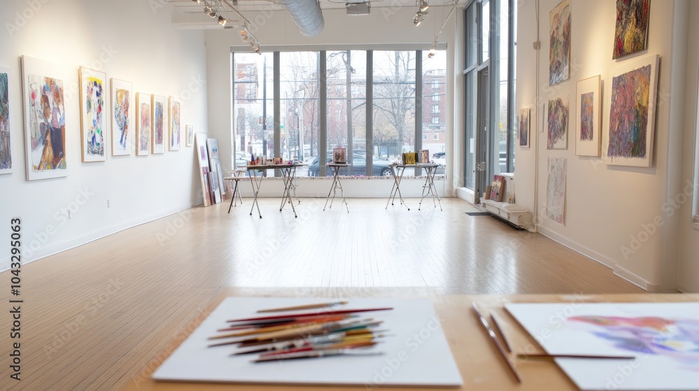Poster empty art gallery with a large window, featuring an array of framed art pieces on the walls.