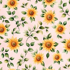 A vibrant floral pattern featuring cheerful sunflowers and green leaves against a soft pink background, ideal for various design projects.