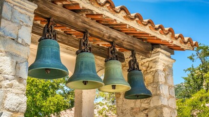 Obraz premium A beautiful row of vintage bells gracefully positioned beneath the roof of an ancient church bell tower, showcasing intricate craftsmanship and historical significance in a serene setting