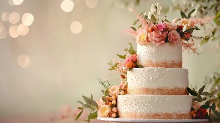 Fototapeta premium A beautifully decorated three-tier wedding cake adorned with fresh flowers, set against a soft, blurred background with bokeh lights.