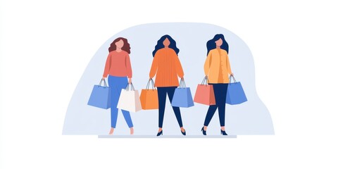 Fototapeta premium Three women carrying shopping bags in colorful outfits, enjoying a day out.