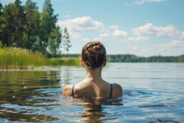 Fototapeta premium Serene Lake Swim - Woman Enjoying Nature's Calm Waters
