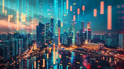 Vibrant City Skyline at Sunset with Futuristic Overlay