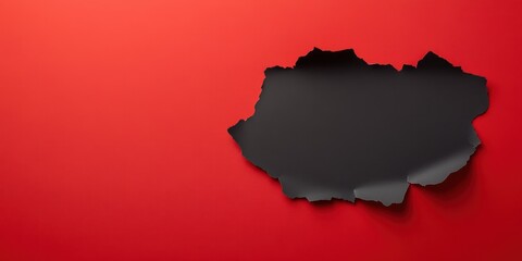 Fototapeta premium Torn black paper on a bright red background, abstract design element.