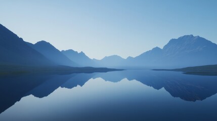 Tranquil mountain lake at sunrise, reflecting the sky in the still water.