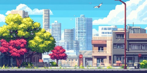 Fototapeta premium Urban landscape with colorful trees and modern buildings under a clear blue sky.