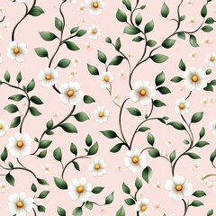 A floral pattern with white flowers and green leaves on a soft pink background, creating a fresh and elegant design.