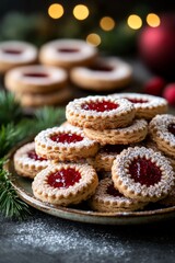 Festive Christmas Linzer Cookies on Rustic Wooden Table