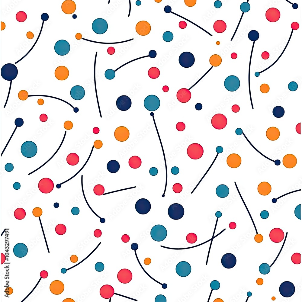 Poster a colorful abstract pattern featuring scattered circles and lines on a white background, creating a 