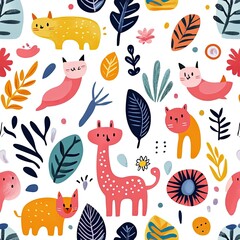 A colorful, whimsical pattern featuring playful animals and vibrant foliage, perfect for children's designs or nature-themed decor.