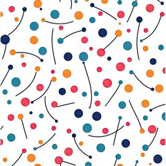 A colorful abstract pattern featuring scattered circles and lines on a white background, creating a playful and vibrant design.