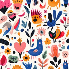 A colorful, whimsical pattern featuring abstract animals, flowers, and shapes, creating a vibrant and playful design.
