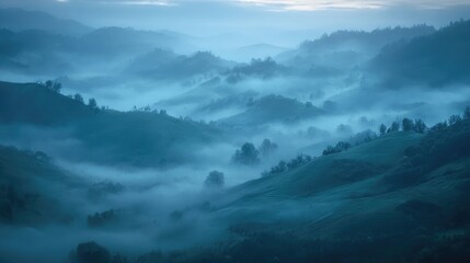 Obraz premium A mysterious landscape of fog-covered hills at dawn, with the mist casting an ethereal glow over the rolling terrain