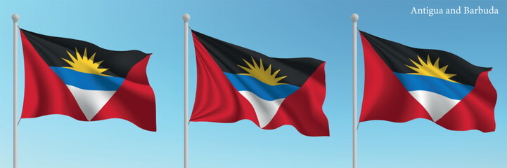Set of three flags of Antigua and Barbuda waving on flagpoles