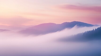 Obraz premium Mysterious fog rolling over hills at dawn, the mist creating an ethereal and captivating landscape with soft, warm light