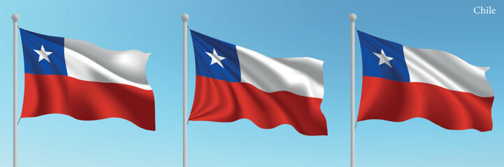 Set of three flags of Chile waving on flagpoles