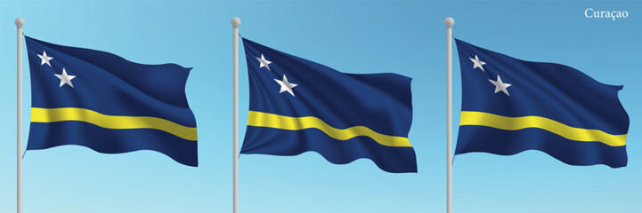 Set of three flags of Curacao waving on flagpoles