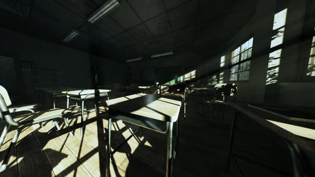 Dusty, abandoned classroom filled with empty desks and chairs, illuminated by sunlight streaming through large windows, creating an eerie atmosphere of neglect.